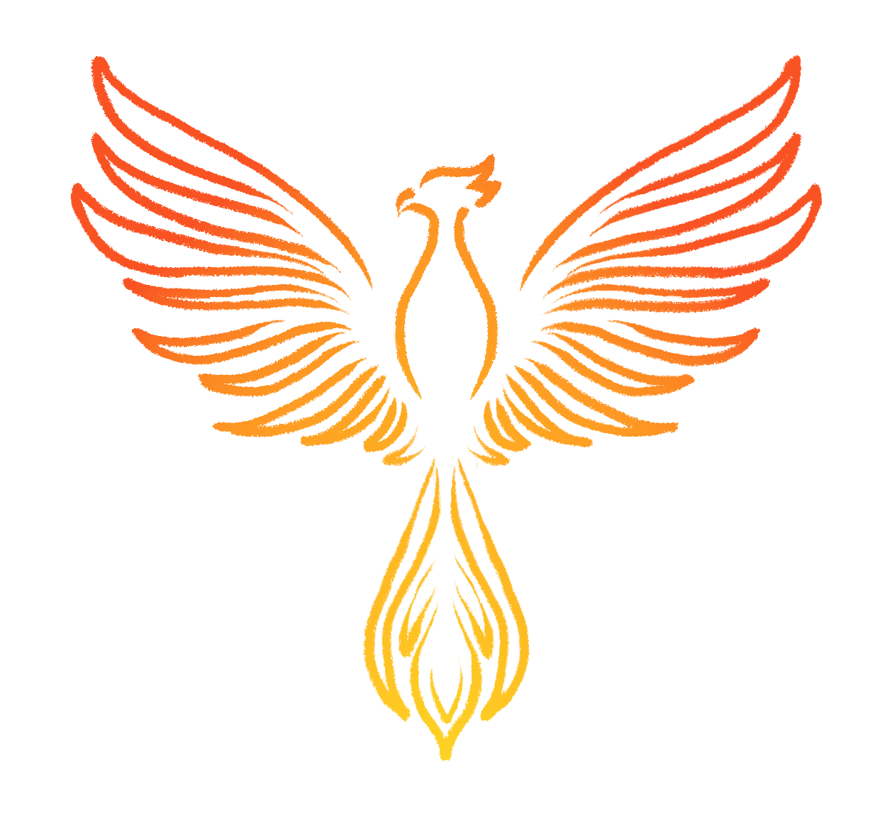 Lineart phoenix spreading its wings; the lines are coloured in a gradient from red at the top to yellow at the bottom